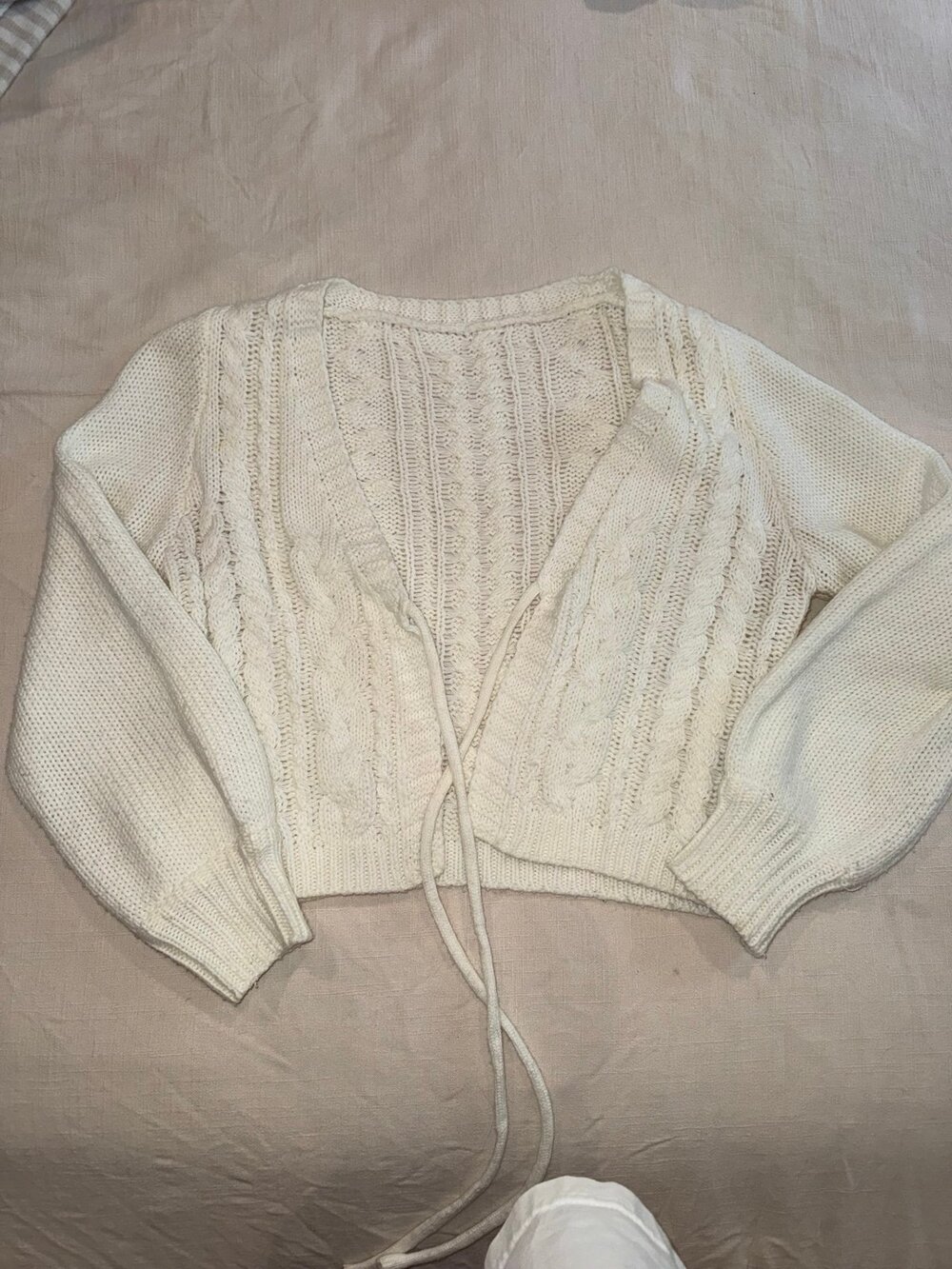 Cream Cable Knit Tie Front Cropped Cardigan Sweater